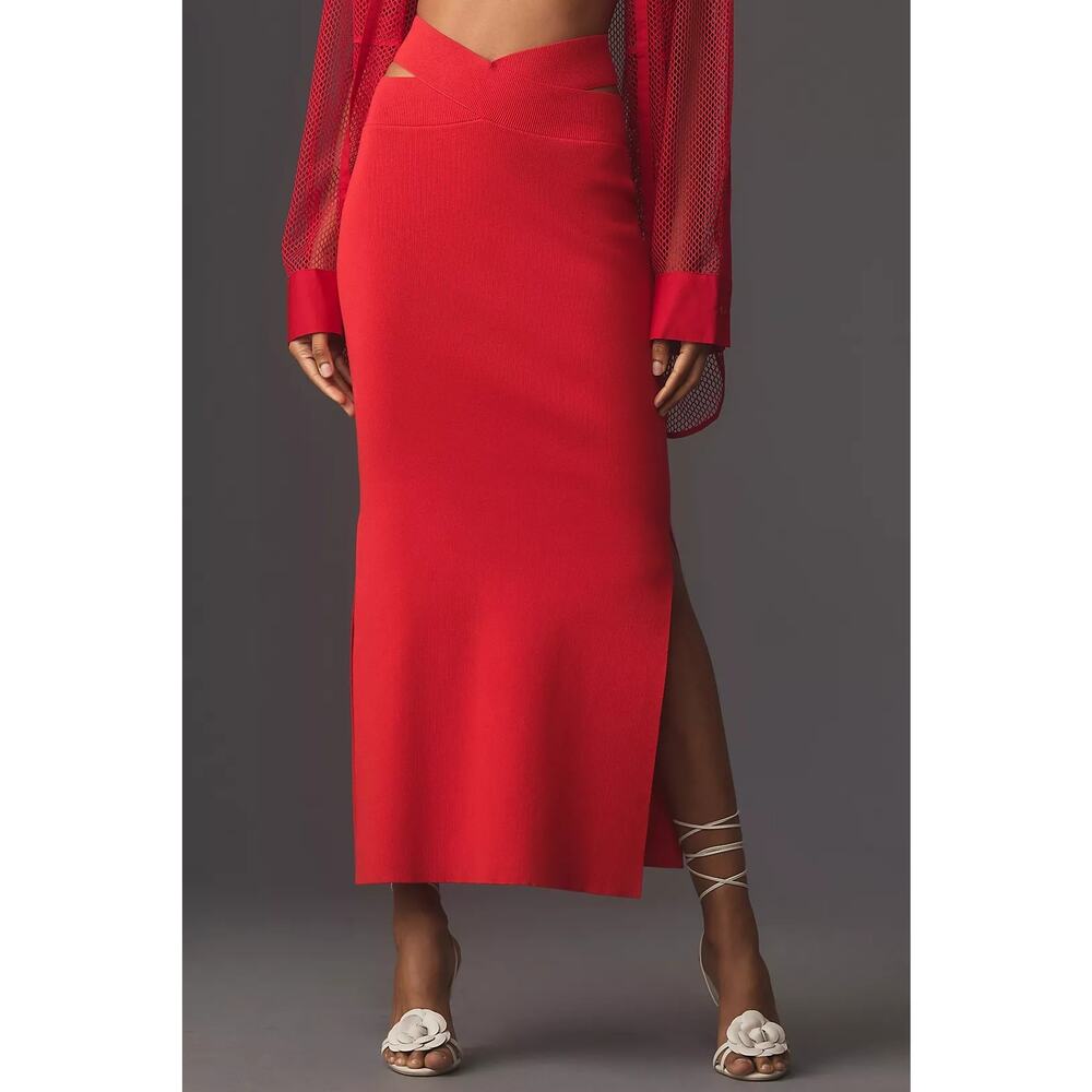 Maeve Anthropologie Red Ribbed Knot Cut Out Skirt NWT